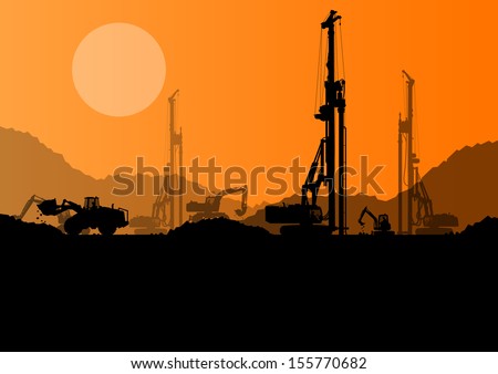 Excavator loaders, hydraulic pile drilling machines, tractors and workers digging at industrial construction site vector background illustration