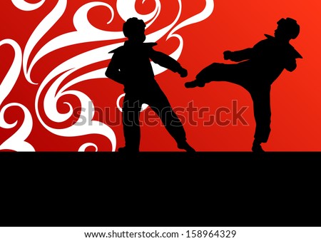 Martial arts tae kwon do combat fighters kicking and fighting active sport silhouettes vector background illustration