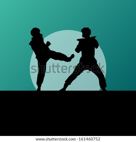 Active tae kwon do martial arts fighters combat fighting and kicking sport silhouettes in abstract sunset illustration background vector