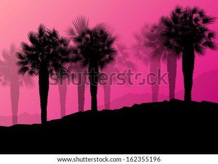 Exotic jungle palm tree forest plants silhouette landscape illustration background vector