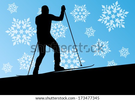 Active young man skiing sport silhouette in winter ice and snowflake abstract background illustration vector