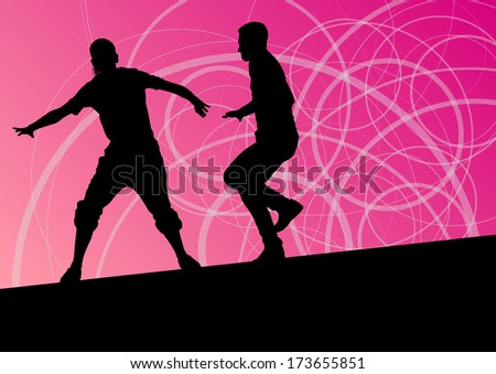 Active young man and woman street break dancers silhouettes in abstract line background illustration vector