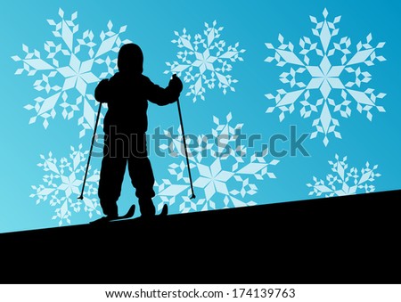 Active children young boy skiing sport silhouette in winter ice and snowflake abstract background illustration vector