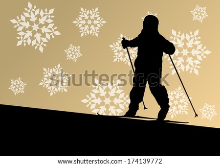 Active children young boy skiing sport silhouette in winter ice and snowflake abstract background illustration vector