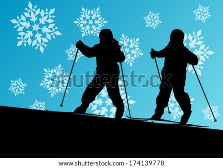 Active children young boy and girl skiing sport silhouettes in winter ice and snowflake abstract background illustration vector