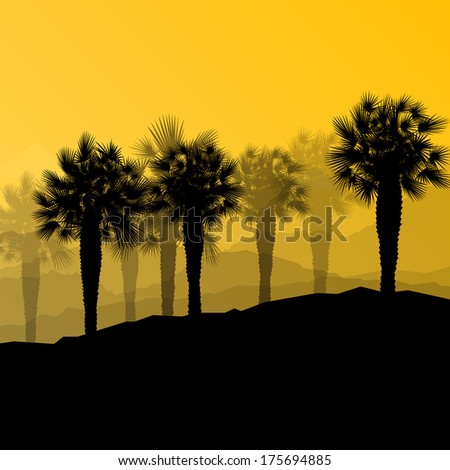 Palm tree desert oasis forest silhouettes wild nature landscape background illustration vector