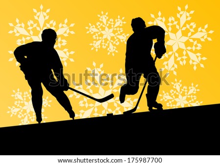 Active young men hockey players sport silhouettes in winter ice and snowflake abstract background illustration vector