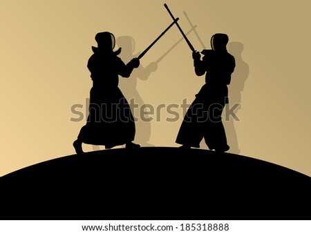Active japanese Kendo sword martial arts fighters sport silhouettes abstract illustration background vector