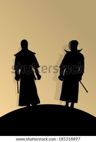 Active japanese Kendo sword martial arts fighters sport silhouettes abstract illustration background vector