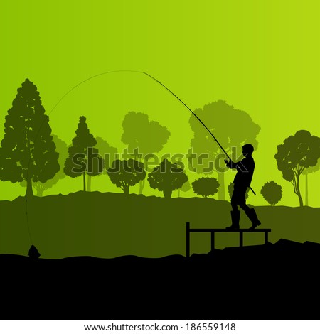 Fisherman, angler vector background landscape concept with trees and river