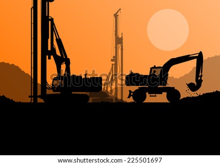 Hydraulic pile drilling machines, tractors and workers digging at industrial construction site vector background illustration