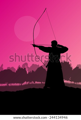 Active japanese kendo sport kyudo archer martial arts fighter silhouette in forest nature illustration background vector