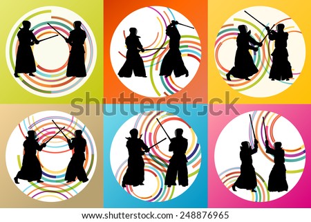 Active japanese Kendo sword martial arts fighters sport silhouettes set vector
