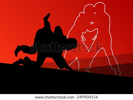 Judo fight active young boy martial arts sport silhouettes abstract background illustration vector