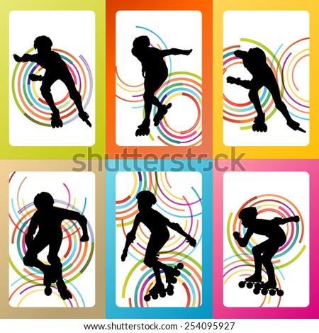 Inline skating silhouettes vector background set