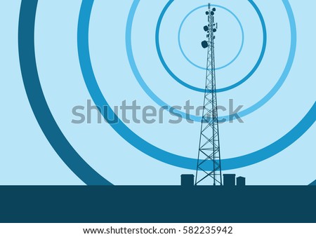 Telecommunication tower with television antennas and satellite dish vector background with illustrative abstract wireless signal