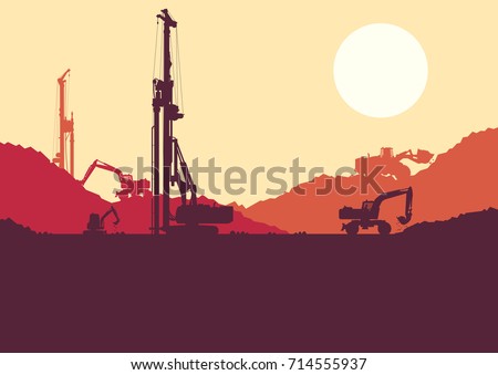 Hydraulic earth hole pile drilling machine, tractors digging at industrial construction site vector background illustration