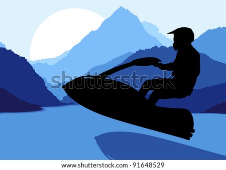 Ski jet water sport motorcycle rider in wild nature landscape background illustration vector