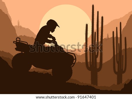 All terrain vehicle quad motorbike rider in desert wild nature landscape background illustration vector