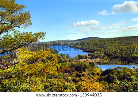 High angle view of Lake Fanny Hooe in Upper Peninsula, Michigan.  Lake is located on the Keweenaw Peninsula and this view is from famous Brockway Mountain Drive.