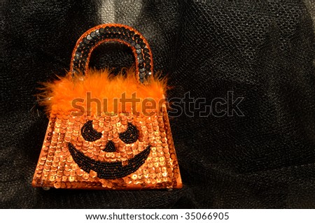 Halloween designed purse lays on black net cloth.