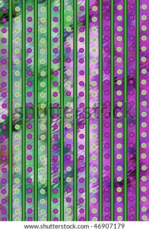 Busy background in purple and green has lines and dots.  Rows of each fill image.  Soft glow of purple and green fill background.