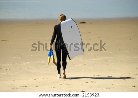 a woman is getting to go into the water to go  surfing with body board