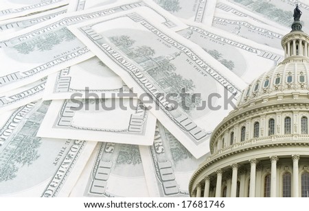 us capitol on 100 us dollars banknotes background
