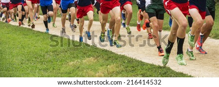 Panorama of a group of runners in colorful shoes running a 5k