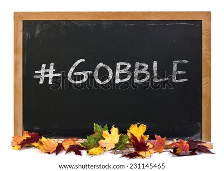 Hashtag gobble written in white chalk on a black chalkboard with fall leaves isolated on white