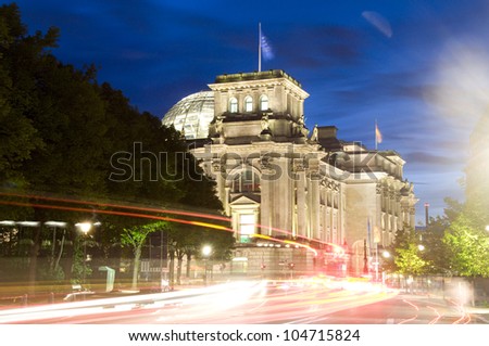 The Reichstag Parliament building Glass Dome night car light streaks Berlin Germany Tiergarten Animal Garden Europe