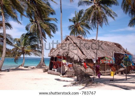 native bamboo house with molas for sale panama  San Blas Island of the Kuna Indians Caribbean Sea Panama Central America