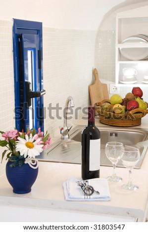 kitchen in maisonette apartment in the greek islands santorini town of oia cave house
