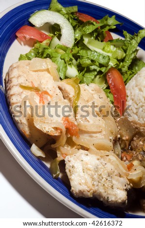 caribbean style steamed filet of cavalli kingfish with garden salad rice beans and eggplant as photographed in bequia st. vincent and the grenadines