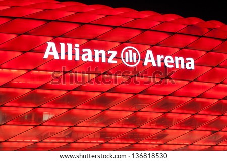 MUNICH - OCT 2: Allianz Arena at night on October 2, 2012. The Allianz Arena is a football stadium in Munich, Bavaria, Germany. It is the home of the FC Bayern Munich and TSV 1860 Munchen.