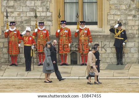 Windsor 26th March 2008 French State visit , Presidet of French  Republique , Mr and Mrs Sarkozy  met by the Queen and Duke of  Edinburgh at Windsor Castle