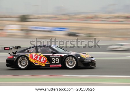 Dubai, UAE - JANUARY 12, 2008: Porsche RSR from VIP Pet foods Team, the TOYO TIRES 24H of Dubai 2008\'s winner, after 504 laps.