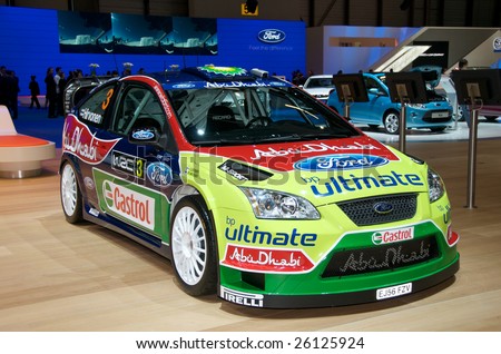 GENEVA - MARCH 4: A Ford Focus RS WRC car on display at 79th Geneva Motor Show, in Geneva, Switzerland March 4, 2009. More than 130 vehicles being introduced.