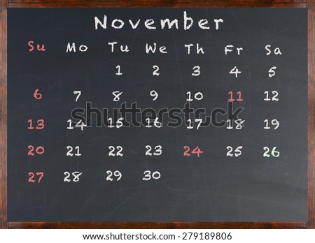 Chalkboard Calendar for November 2016 with American holidays in red.