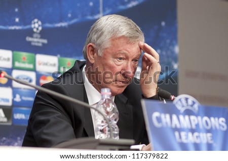 CLUJ-NAPOCA, ROMANIA - OCTOBER 1: Sir Alex Ferguson holds a press conference before champions league game between CFR Cluj and Manchester United on October 1, 2012 in Cluj-Napoca, Romania