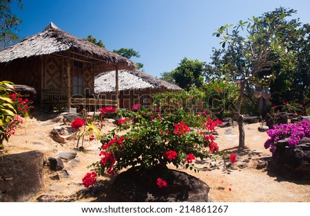Jungle hut and exotic flowers