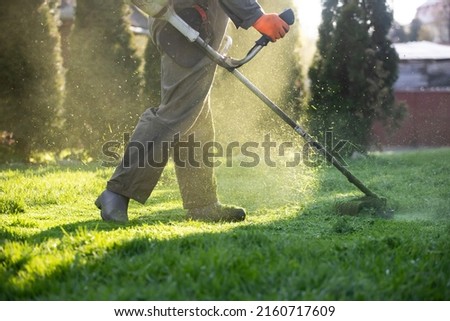 Mowing the grass with a lawn mower. Garden work concept background. Foto stock © 