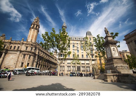 Barcelona, Spain - April 30, 2015: Historic public office building at Antonio Lopez Plaza in Barcelona, Spain on April 30, 2015.