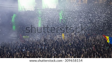 Cluj-Napoca, Romania - August 2, 2015: Crowd of people enjoy Third Party live concert at the Untold Festival in the European Youth Capital city of Cluj Napoca