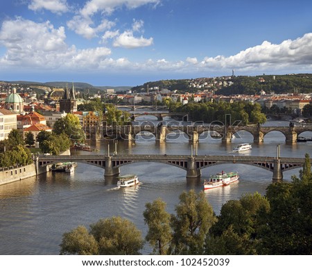 Prague - view with Vltava River, Charles Bridge and bridges