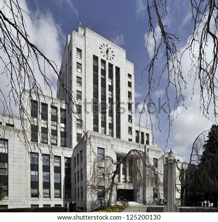 VANCOUVER - APRIL 1: Vancouver City Hall at West 12th Ave, was designed by arch. Fred Townley and Matheson. Construction began in January 1936 and was completed in 12 months. BC, Canada, April 1, 2008