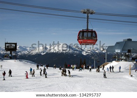 WHISTLER - FEBRUARY 19: Peak to Peak Gondola, tri-cable gondola lift with 4.4 km journey was opened in 2009 in Whistler area to connect Blackcom- Whistler peaks. British Columbia, Canada, Feb.19, 2009