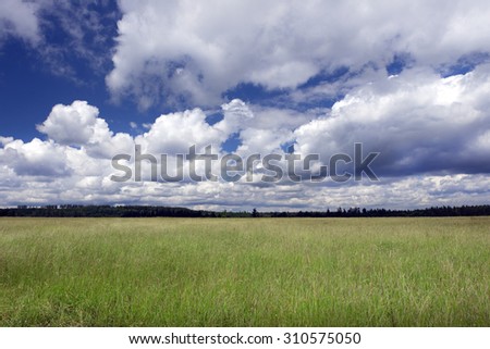 Countryside with field, meadows and clouds