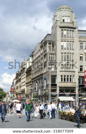 KORUNA PALACE, PRAGUE-JULY 9, 2015: Famous building constructed in 1911 in the style of late Art Noveau by architects  A.Peiffer and M.Blecha  stands on the corner of Wenceslas Sq. and Prikopy street