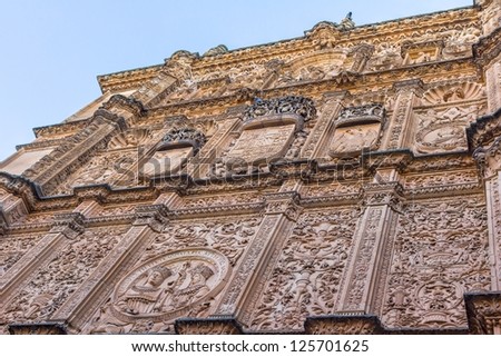 Salamanca old university facade, with the famous frog on the skull.